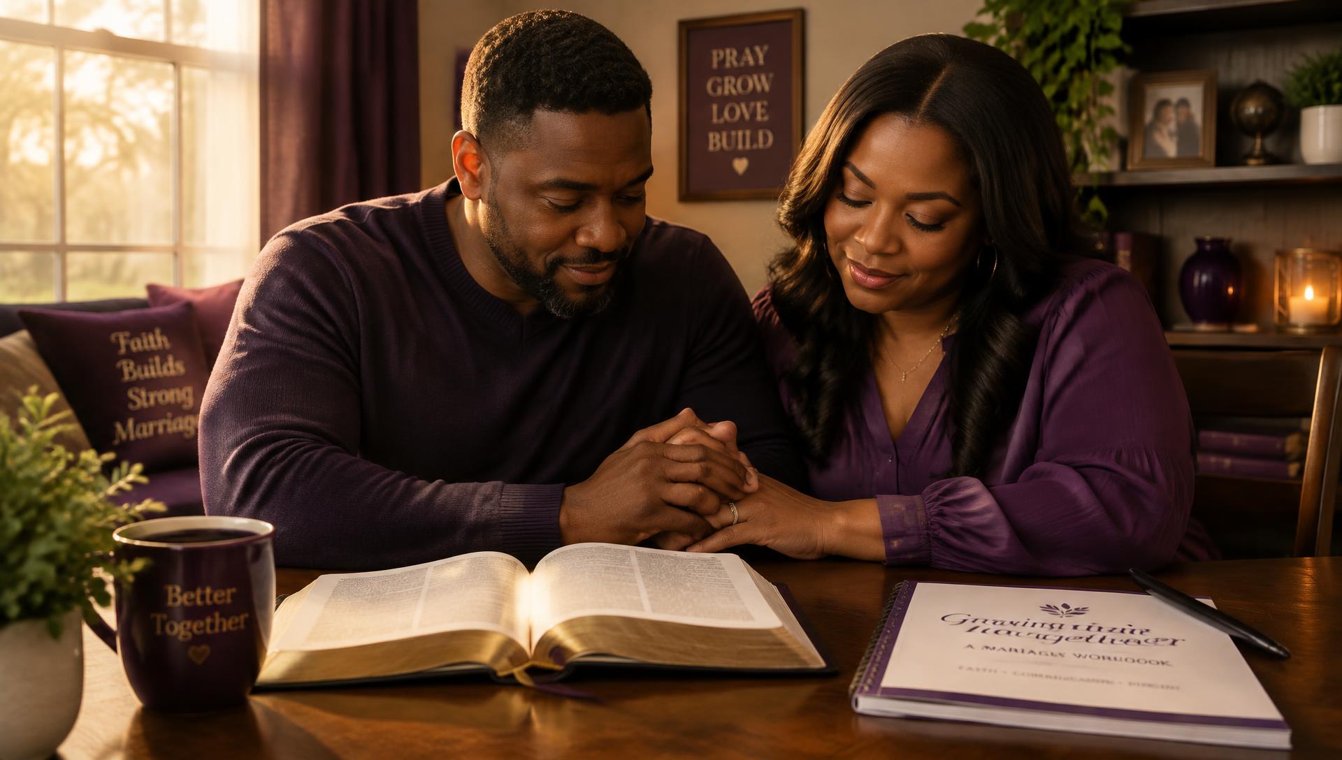 A married couple holding hands over an open Bible and workbook