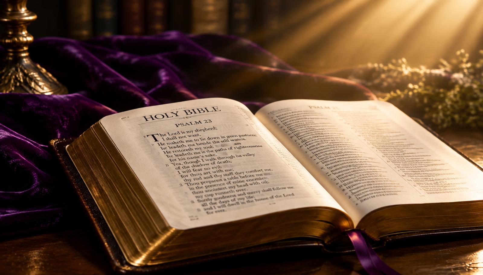 An open Bible on purple velvet in golden light