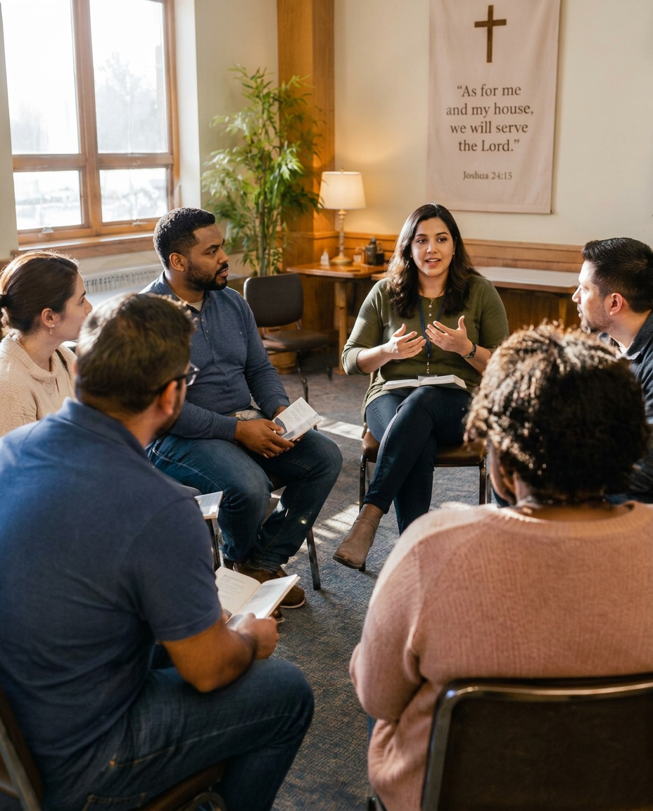 Couples and fathers in a small workshop circle with workbooks
